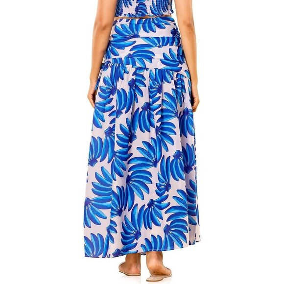 HT 360 Collective Skirt Blue Banana Print Maxi Tie Waist High Waist - Picture 2 of 16